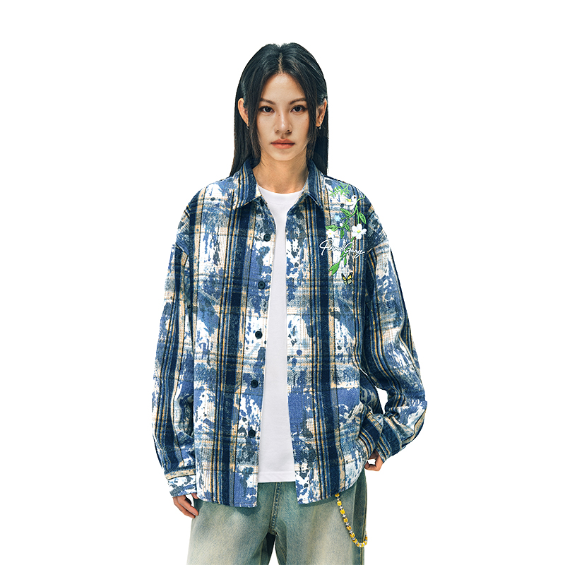 【梓渝同款】404MOB美式扎染花卉刺绣长袖衬衫男磨毛加厚情侣外套女