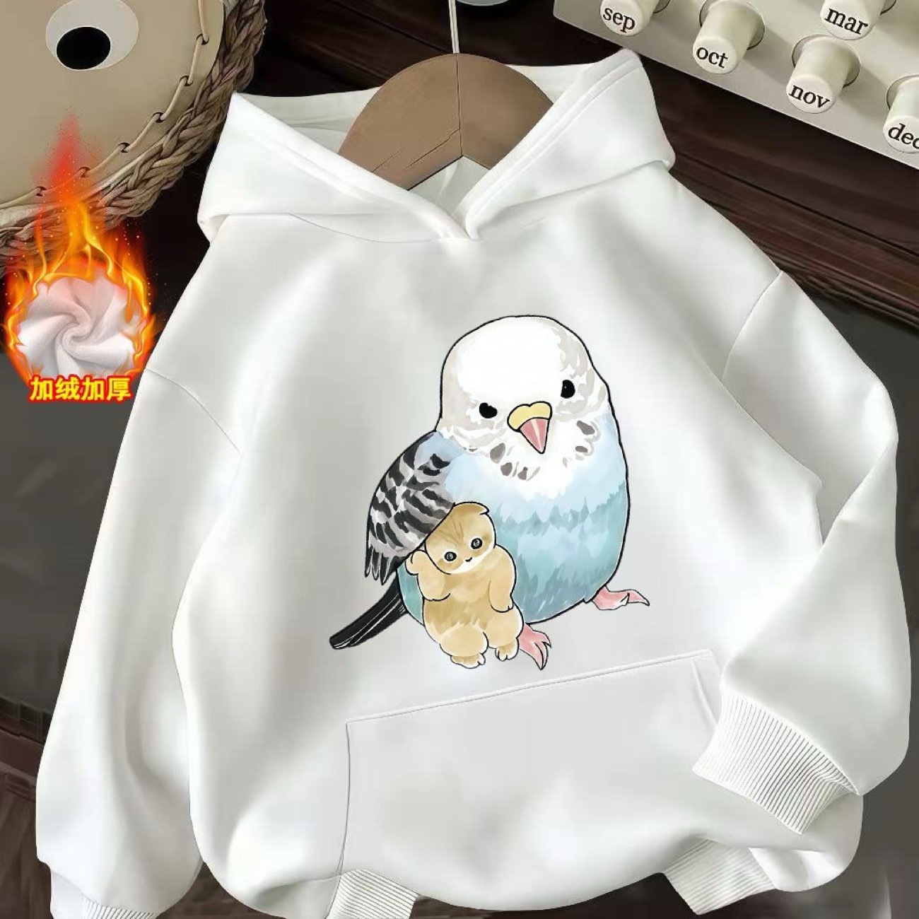 日系猫咪鹦鹉可爱卡通Q版连帽卫衣男女童秋冬加绒休闲印花衣服