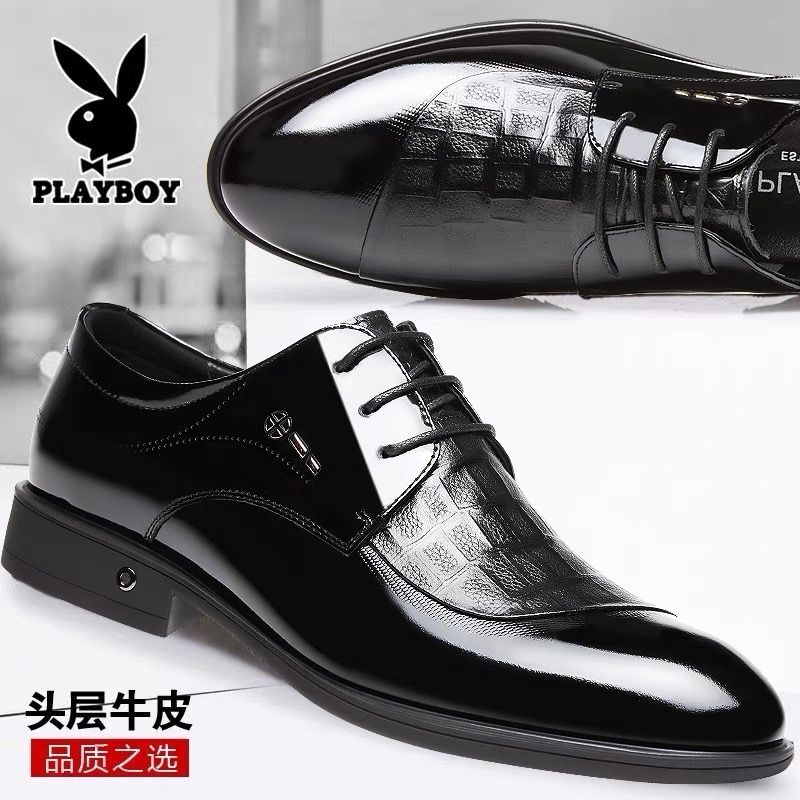 花花公子男士皮鞋真皮商务正装尖头内增高漆皮亮面结婚新郎鞋大码