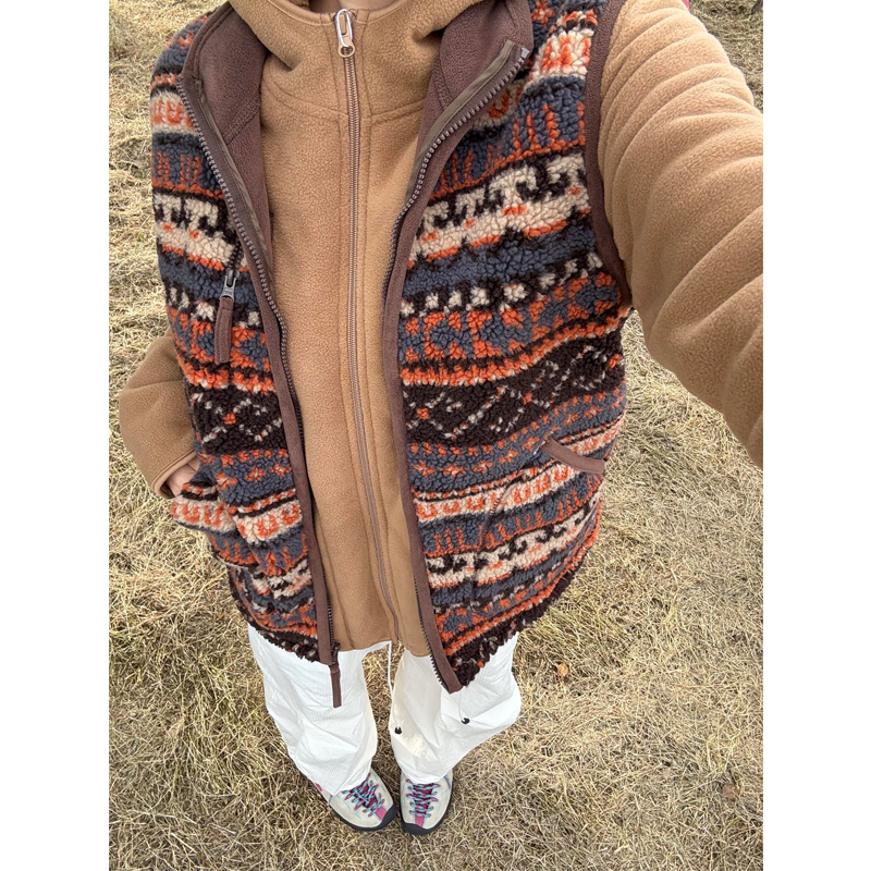 中古北欧费尔岛双面摇粒绒马甲背心男女冬季仿羊羔毛无袖坎肩外套