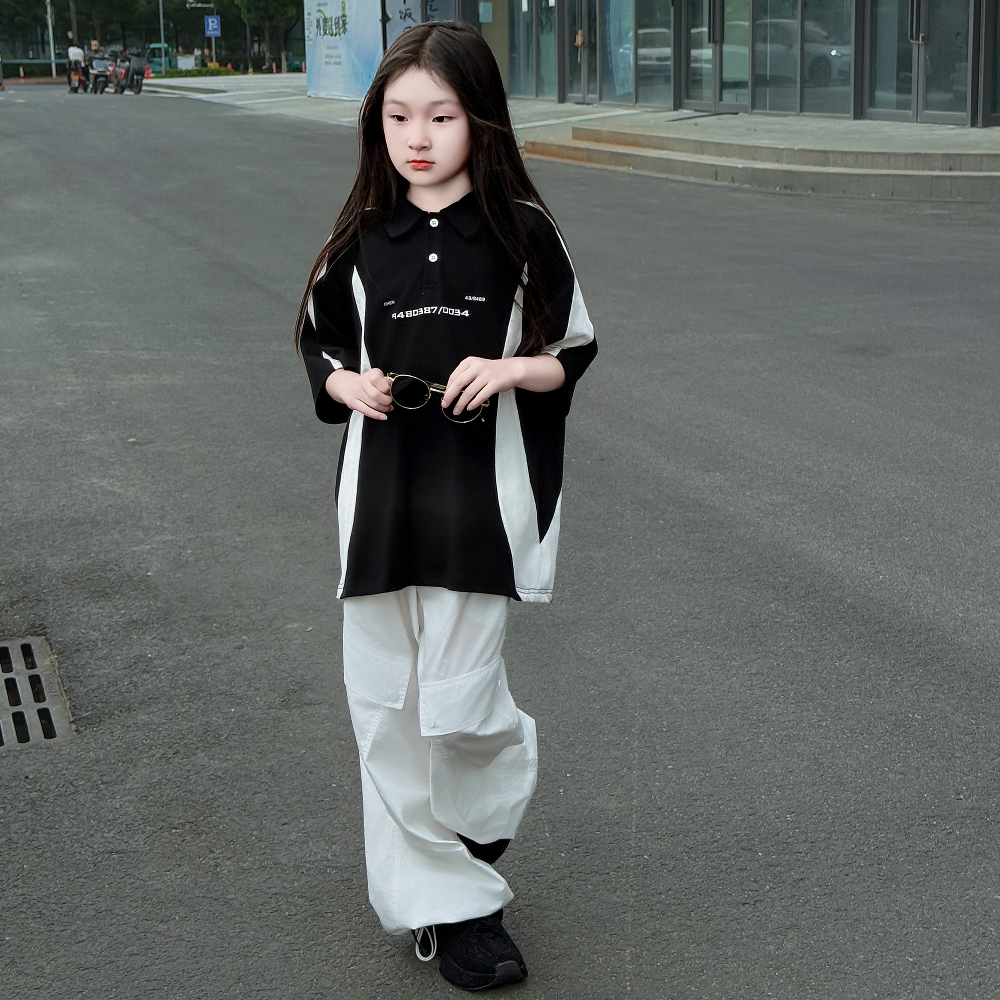 儿童2025夏季新款韩版撞色拼接POLO衫休闲宽松工装阔腿裤套装潮酷