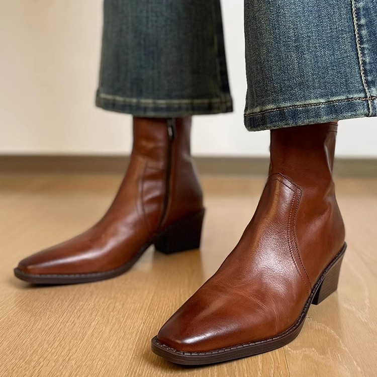 真皮复古通勤粗跟短靴子女2025新款马丁靴手工切尔西靴法式小裸靴