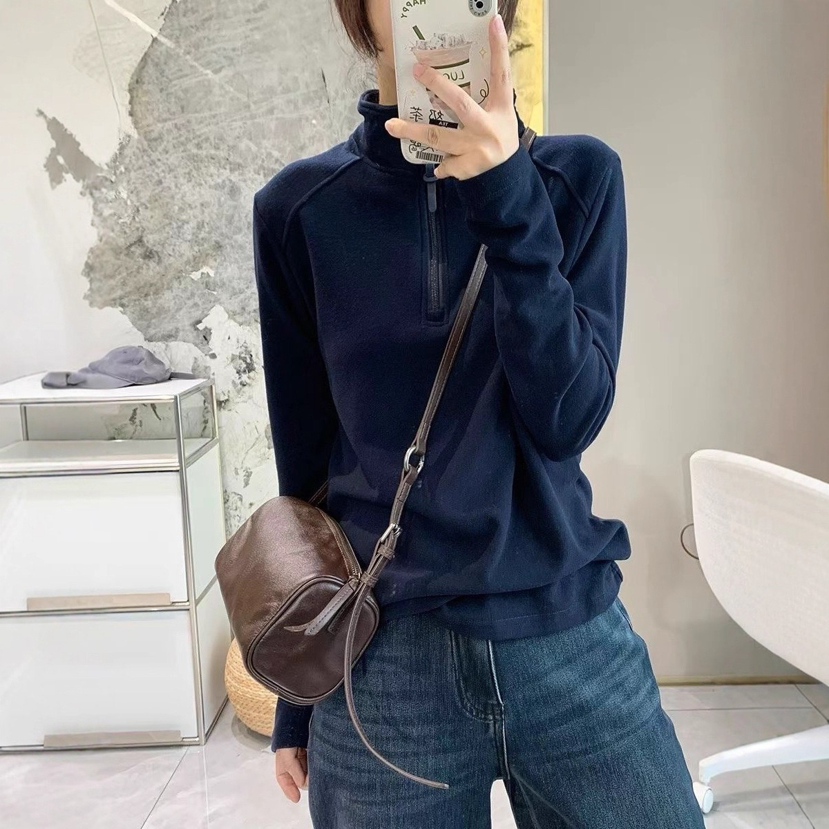 双面德绒打底衫 2025冬季新款 简约半拉链立领长袖叠穿上衣女