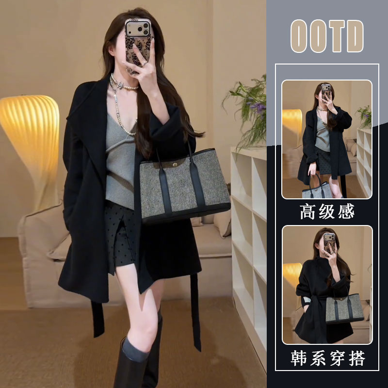 韩系一整套深冬穿搭女时尚翻领中长款外套内搭v领背心短裙三件套