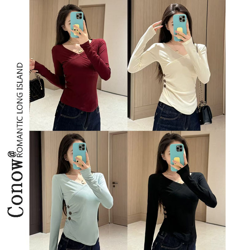 2025秋冬新款时尚设计感长袖T恤女不规则掐腰修身显瘦纯欲打底衫