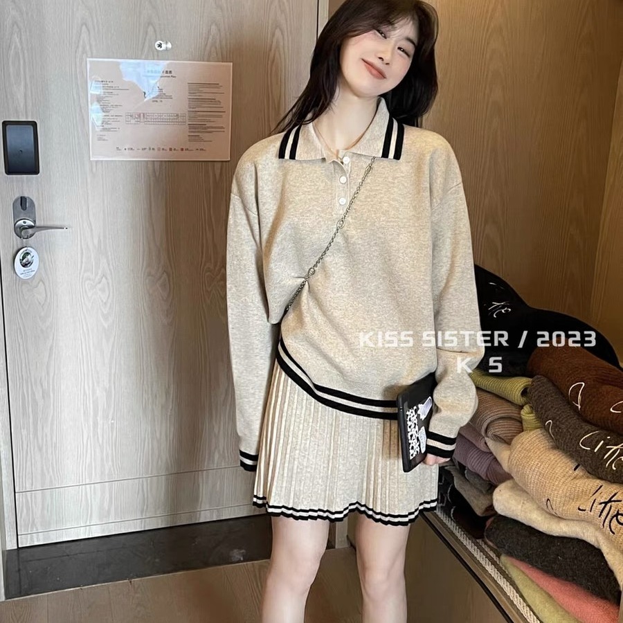 韩版显瘦学院风polo领宽松长袖毛衣+百褶半身裙套装女