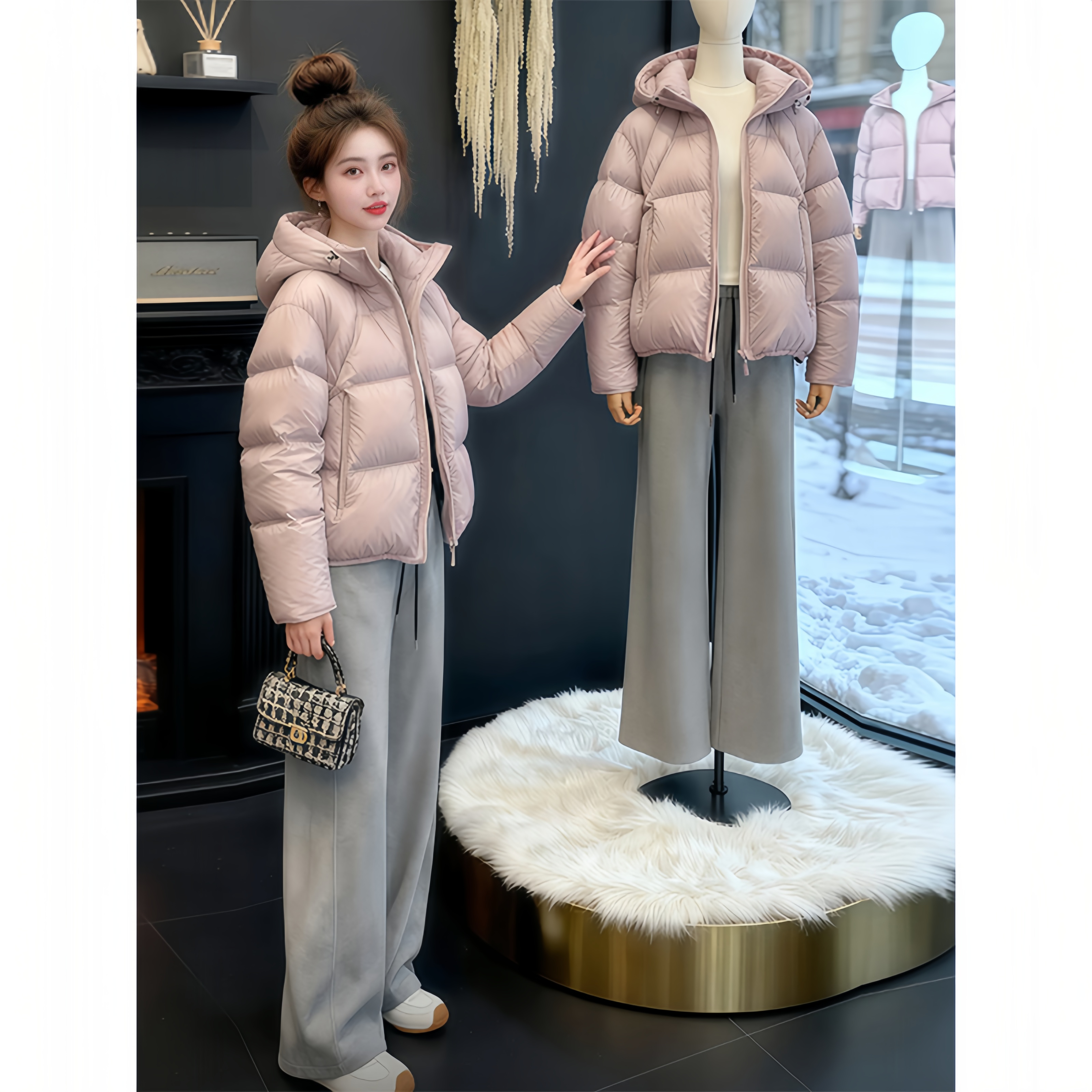 霖优【烟雨丁香】大码连帽棉服女冬季设计感氛围感甜美气质显瘦外套