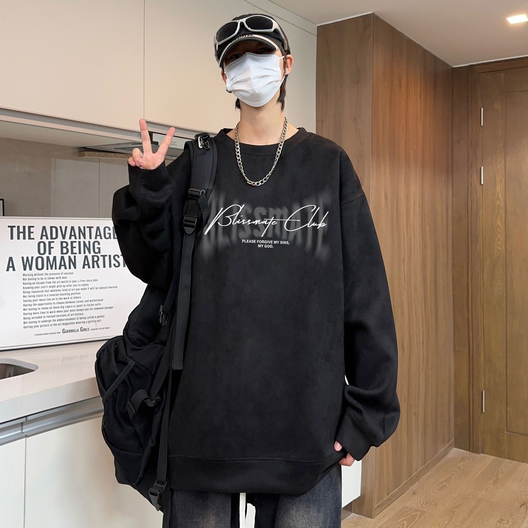 加大码300斤美式潮流百搭圆领卫衣男女秋冬宽松显瘦重磅套头上衣