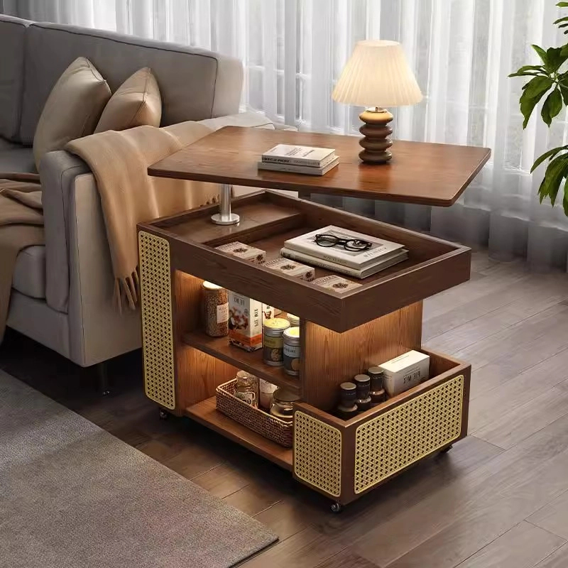 复古实木移动边几新款可升降带轮茶几客厅阳台轻奢小推车沙发边柜