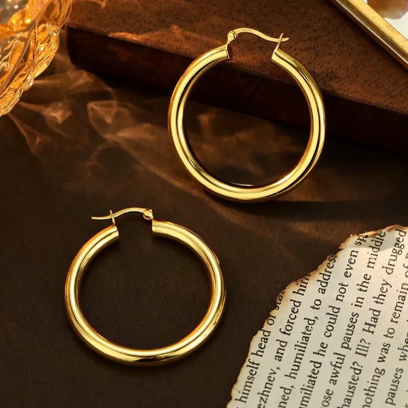 925银耳饰 S925银素圈大耳圈欧美时髦经典圆环耳饰女简约夸张个性