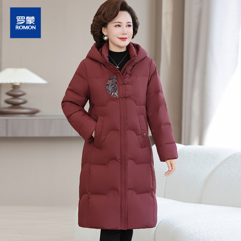 中老年羽绒服女长款过膝2025冬季新款连帽大码加厚白鸭绒妈妈外套