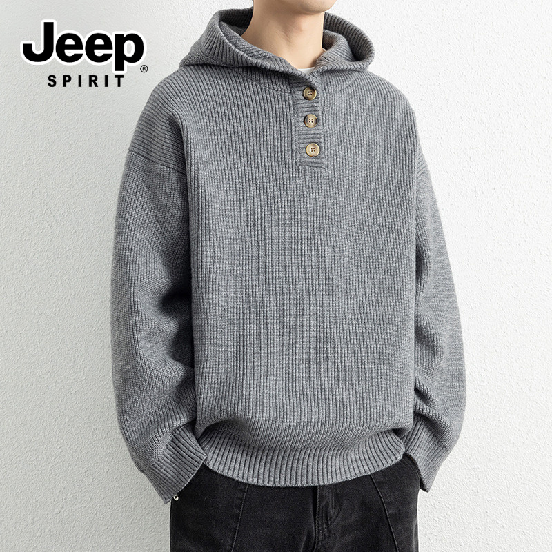 JEEPSPIRIT吉普美式复古毛衣男秋冬慵懒风连帽针织衫时尚百搭外套