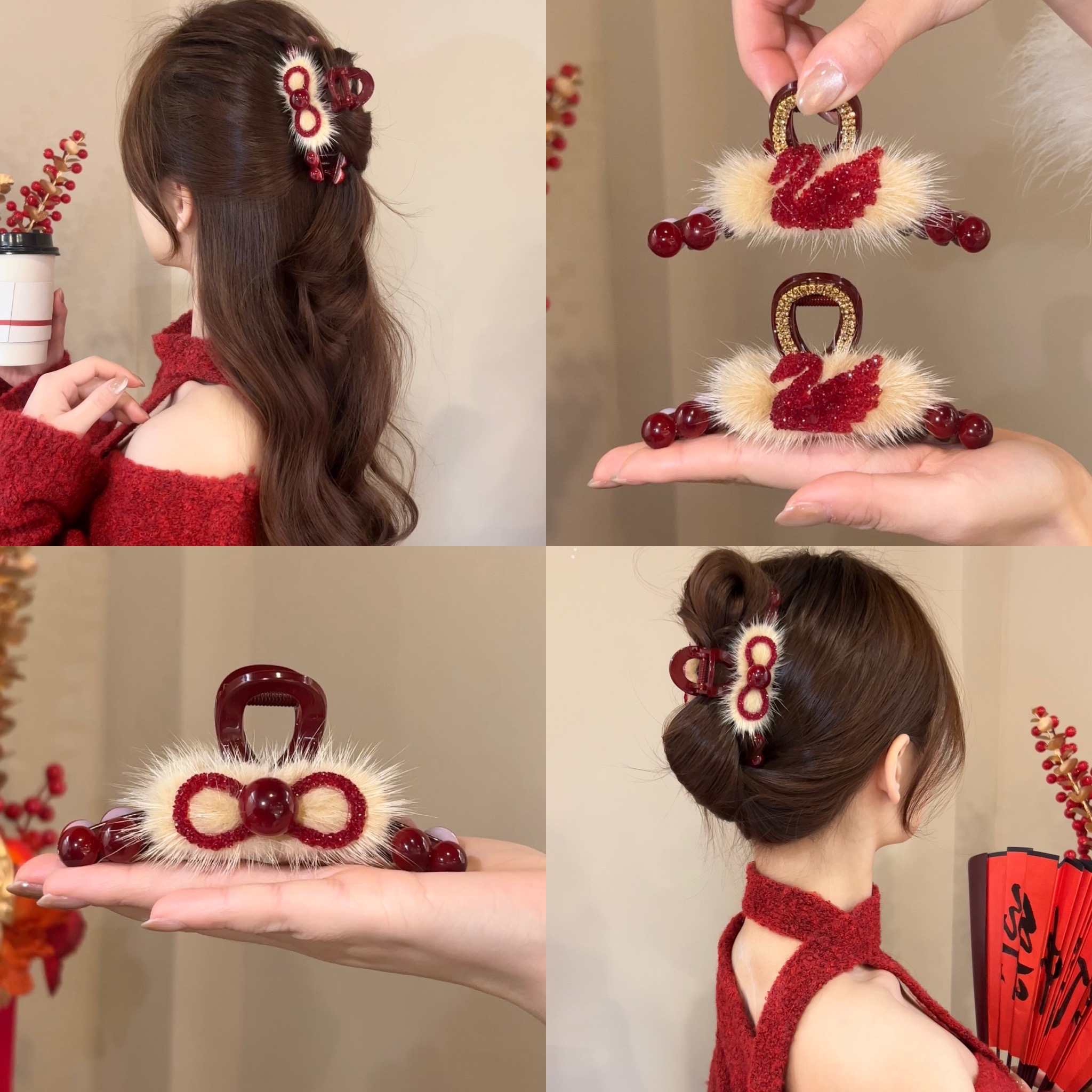 熹金新年红色毛绒抓夹女2024年新款发夹后脑勺盘发鲨鱼夹发卡发饰