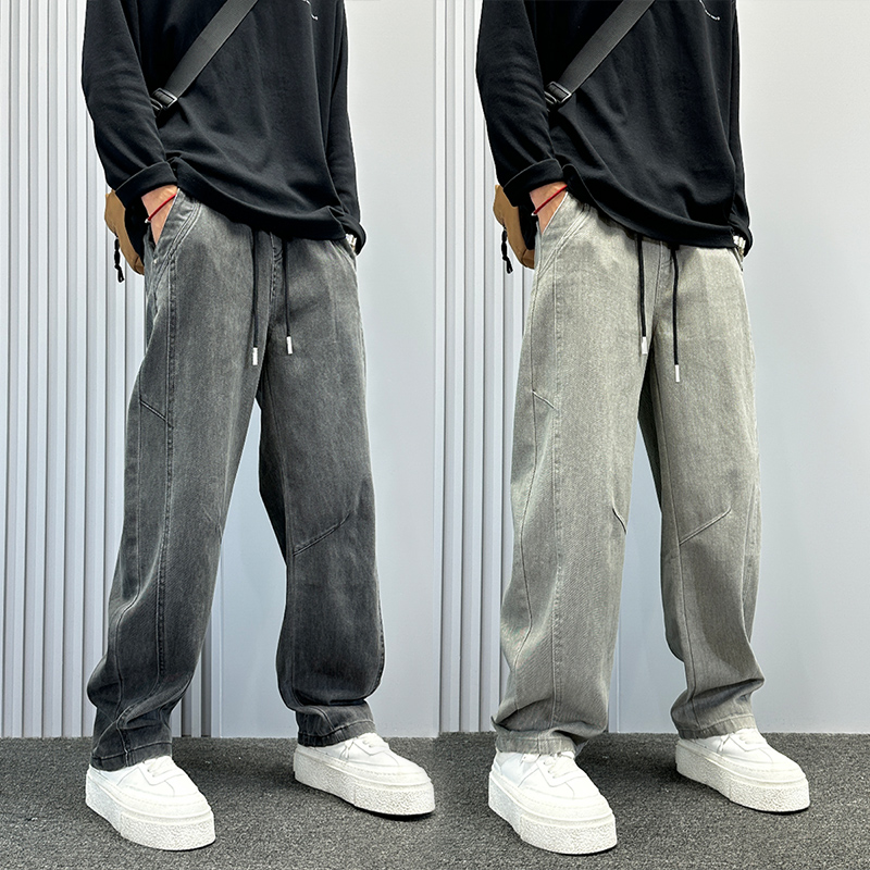 高级感纯色直筒松紧腰牛仔裤男春秋季宽松阔腿弯刀裤美式潮牌男裤