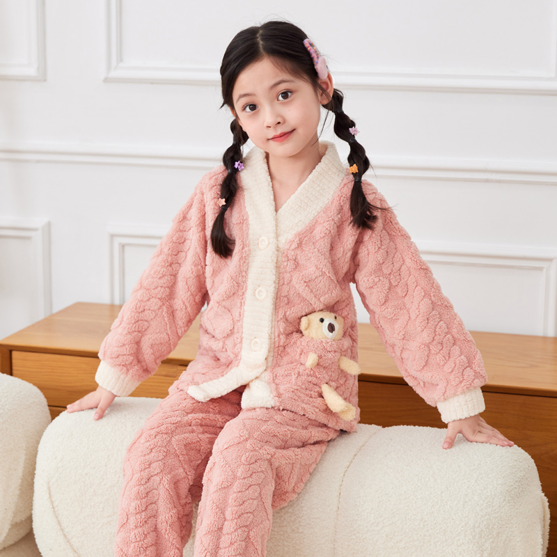秋冬儿童法兰绒睡衣加绒加厚宝宝中大童珊瑚绒家居服亲子睡衣套装