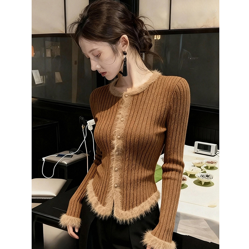 复古风绝美咖色坑条毛边长袖掐腰毛衣针织衫女秋冬款淡人穿搭小衫