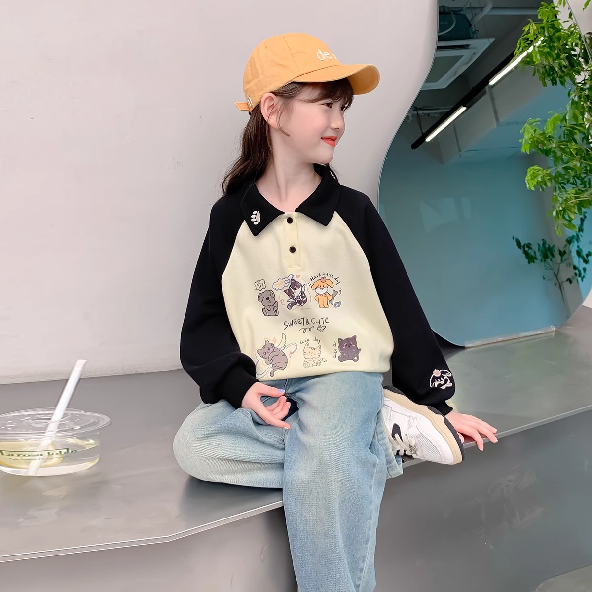 女童卫衣春秋款2025新款学院风小女孩春季上衣儿童春装polo领衣服