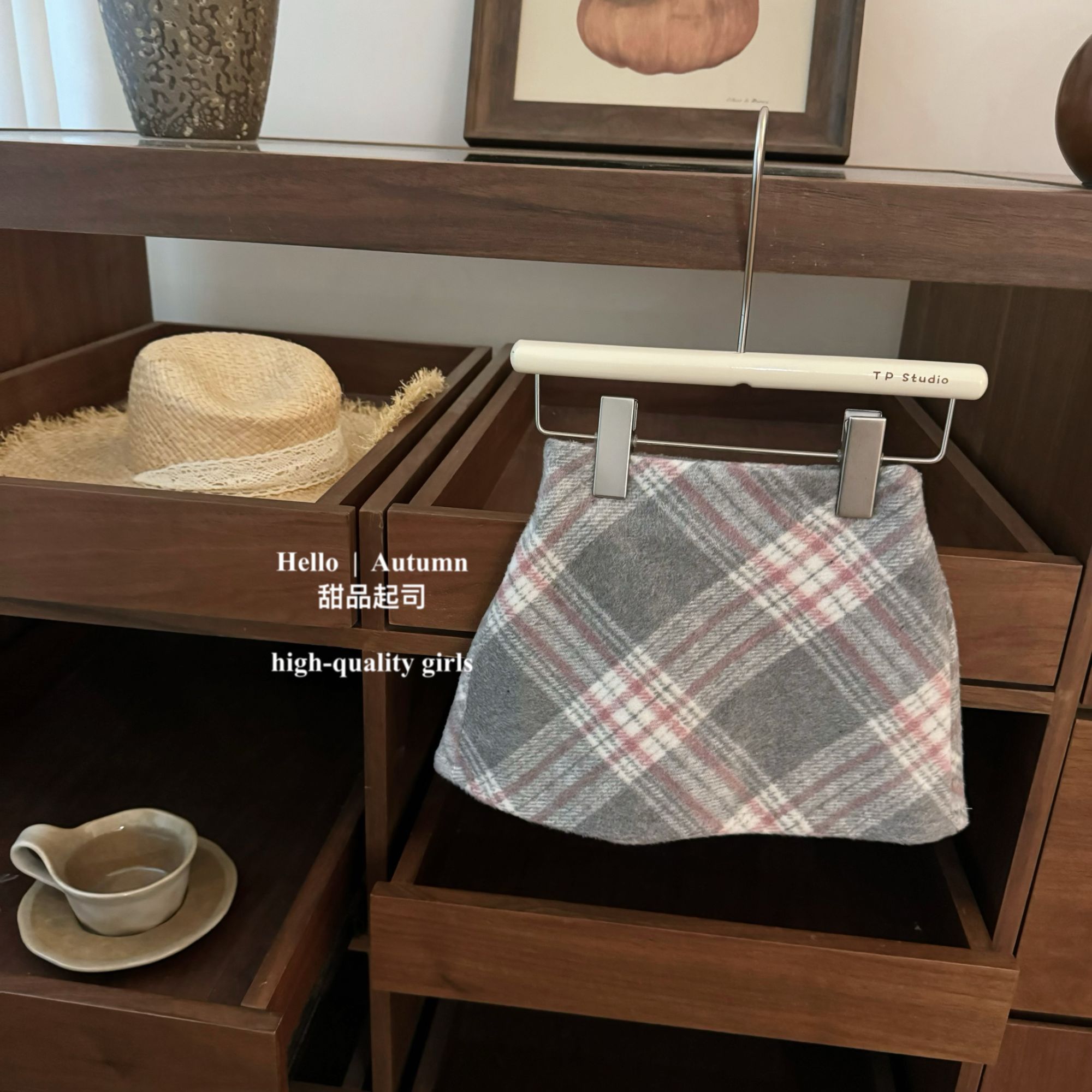 【甜品起司】复古粉格！韩国童装女宝粉色格子半身裙毛呢短裙套装