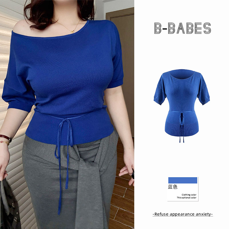 B-babes【克莱因蓝】绑带设计感收腰短袖T恤微胖修身圆领毛织上衣
