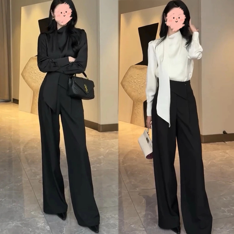 时尚气质长袖休闲百搭纯色衬衫+ 高腰时尚显瘦宽松休闲裤套装