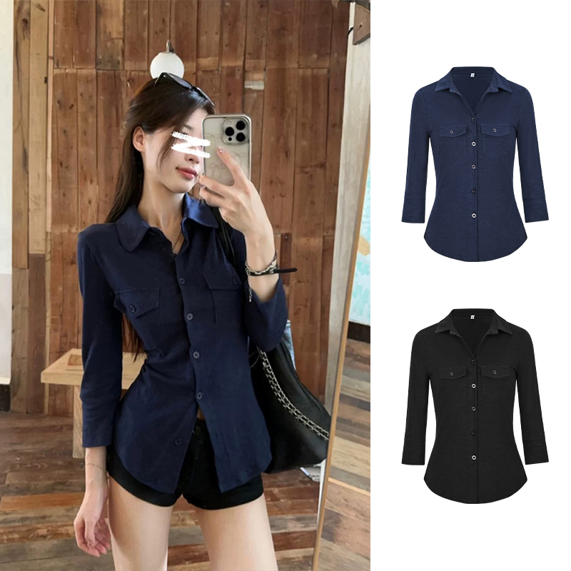 Moses Queen/魔西女王纯欲风翻领长袖衬衫微胖收腰显瘦设计感上衣