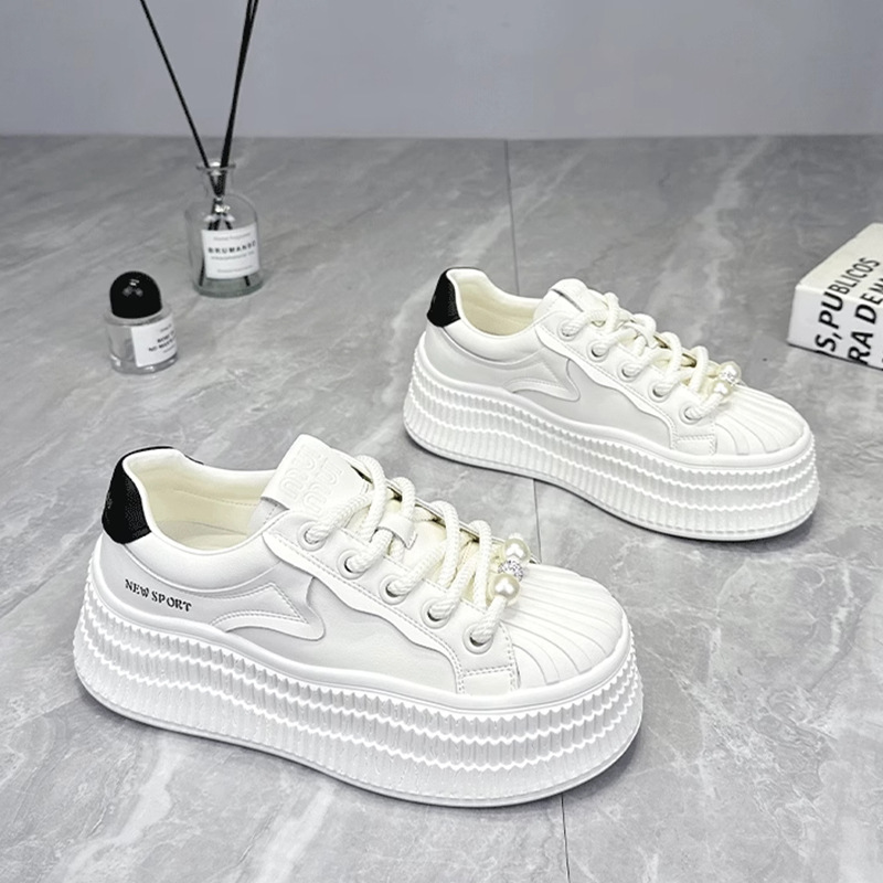 5跟高饼干板鞋轻便透气软皮小白鞋女春秋季新款厚底运动休闲鞋