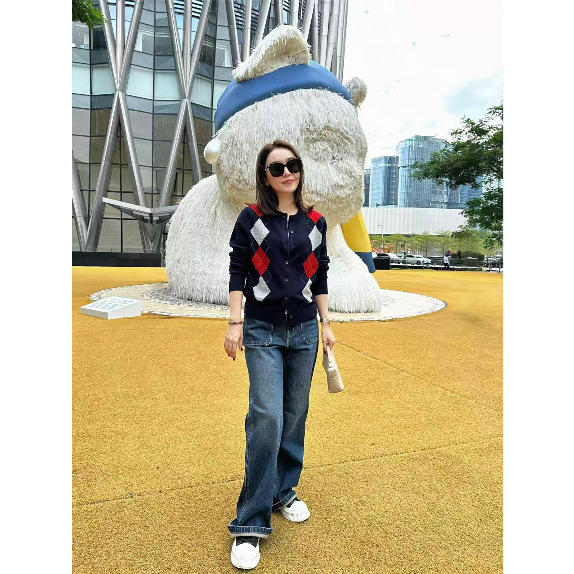 JESSICA WU撞色几何菱格三色勾边针织开衫2597X04028