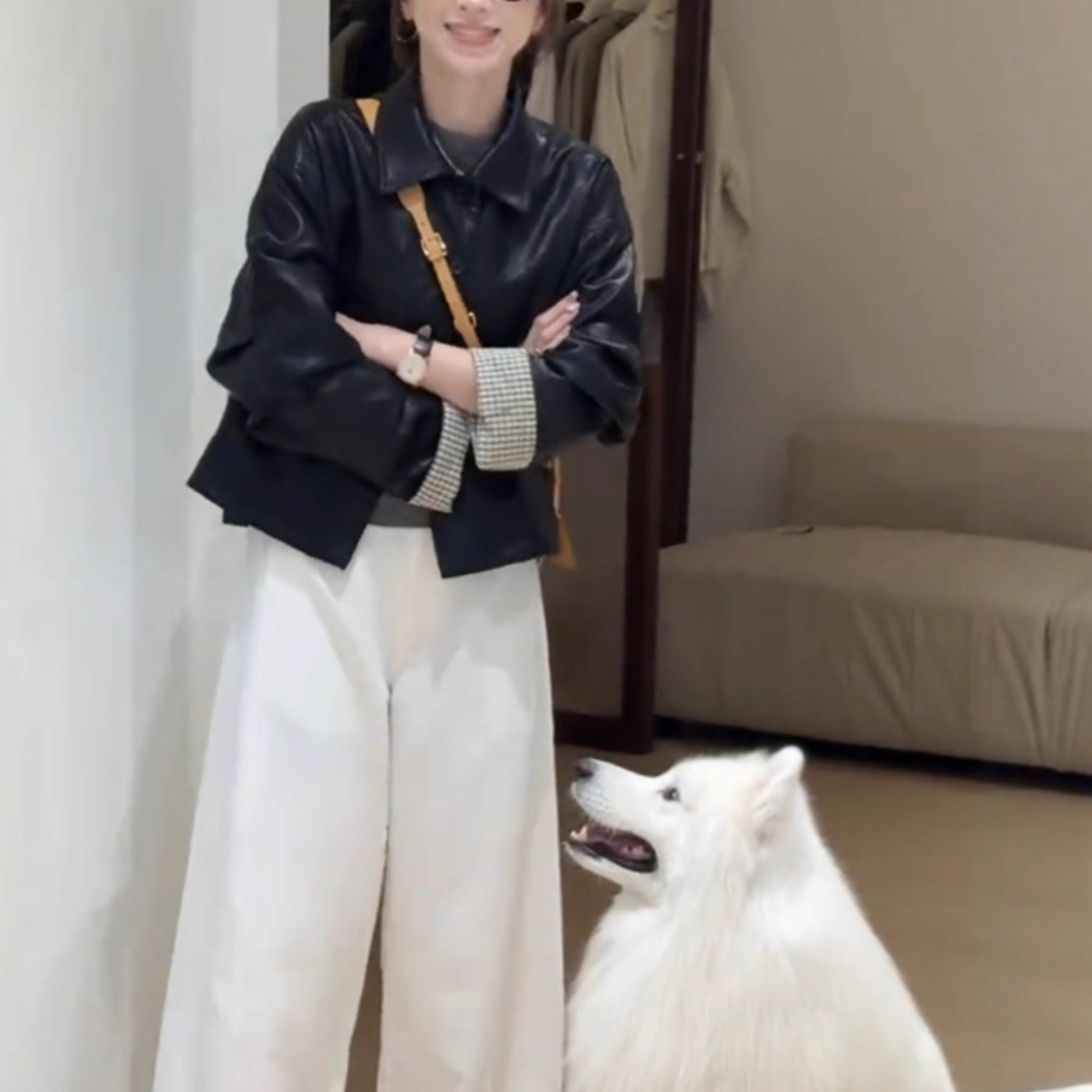 短款翻领格子拼接皮衣外套女2025秋季新款小个子时尚百搭夹克上衣