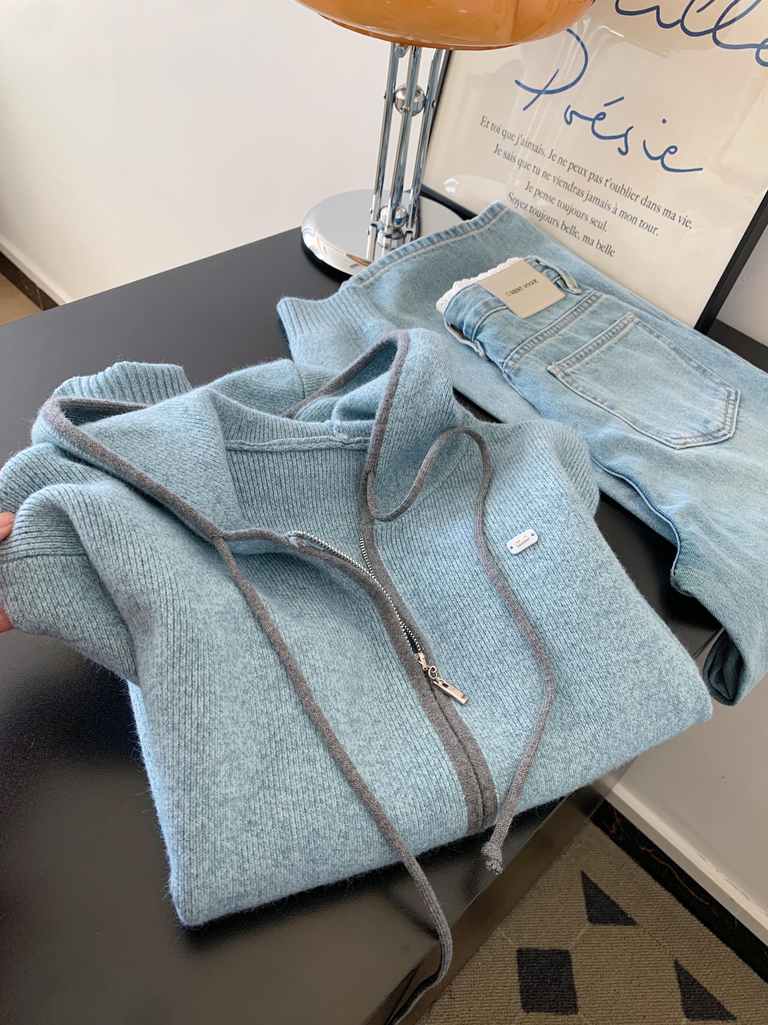 双拉链连帽蓝色长袖针织开衫毛衣外套女2025新款韩系早秋穿搭上衣