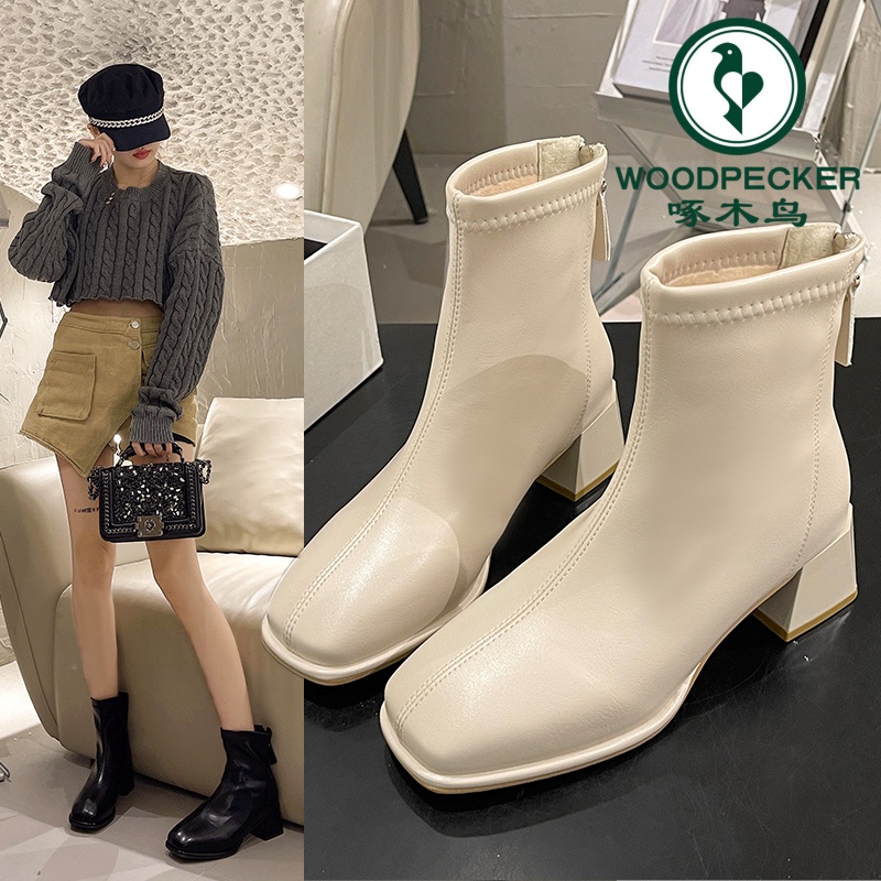 啄木鸟小个子粗跟短靴女2025新款韩版方头白色冬季加绒瘦瘦马丁靴