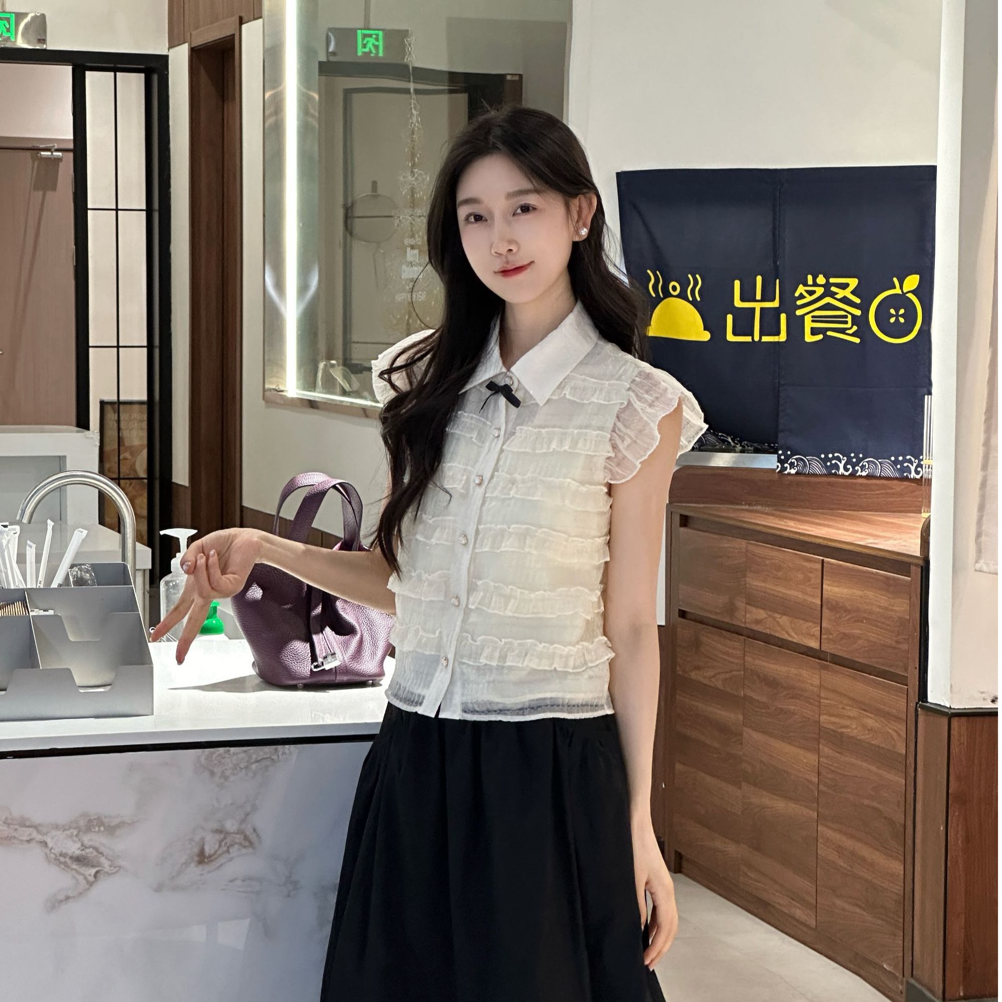 OUDOCKEE 鸥鸥 【莱赛尔】 千金 蝴蝶领蕾丝拼接小衫 S2503G531T