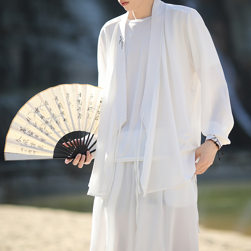 夏季中国风男士冰丝大码衬衫阔腿裤套装古风唐装汉服道袍两件套潮