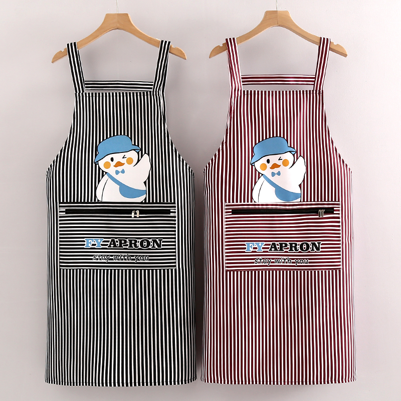 新款防污日系清新防油防水厨房围裙做饭家用居家围腰拉链口袋卡通