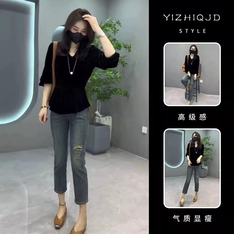 2025秋季新款欧货漂亮时尚小香风金丝绒上衣牛仔裤职业两件套装女