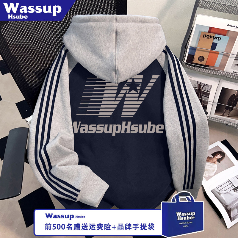 WASSUP HSUBE横线字母印花卫衣秋冬加绒加厚连帽外套男款拉链开衫