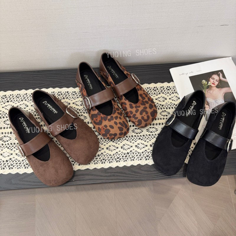现货~豹纹玛丽珍鞋女秋新款复古韩版通勤职场搭扣V口平底浅口单鞋