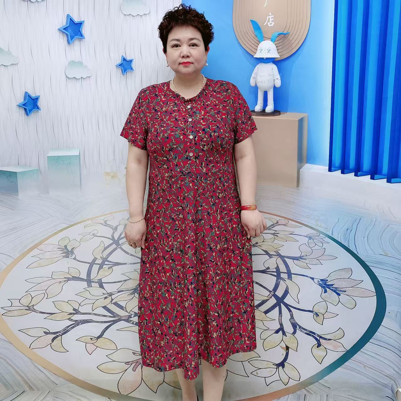 大码中国风宽松显瘦连衣裙夏季中老年时尚妈妈中长款裙短袖连衣裙