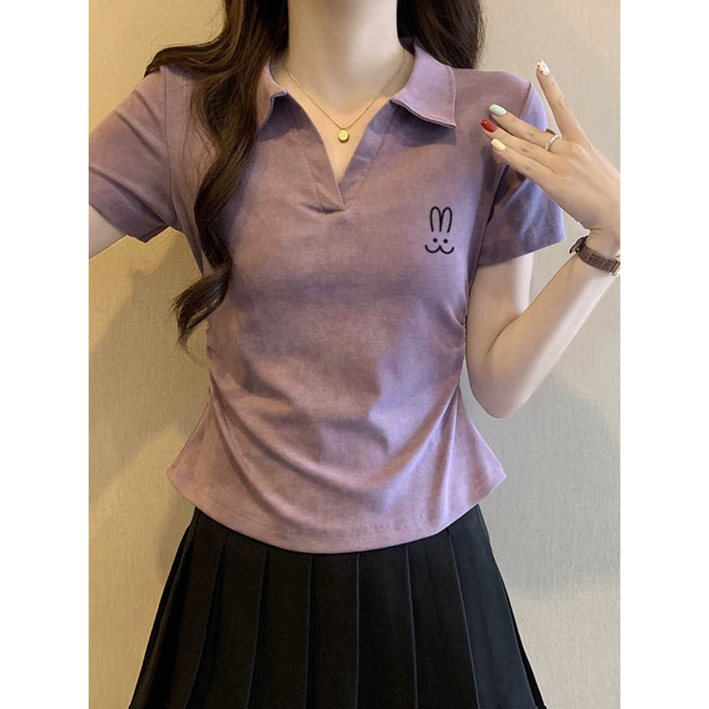 美式复古学院风polo领短袖t恤女夏季少女风抽褶收腰显瘦短款上衣