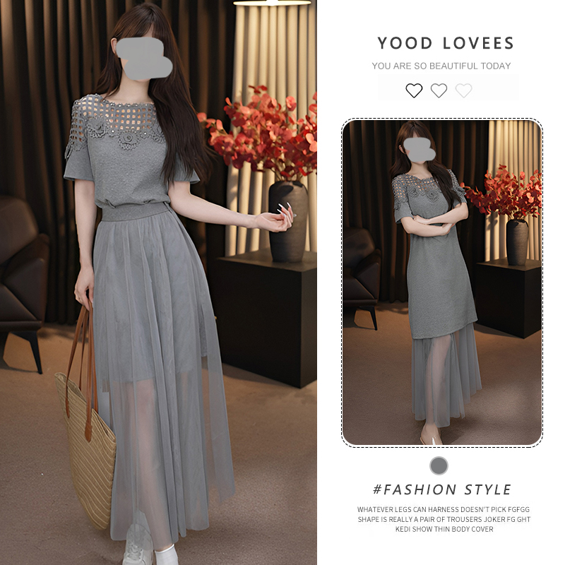 夏季新款巨好看的小众法式气质收腰气质镂空连衣裙网纱裙时尚套装