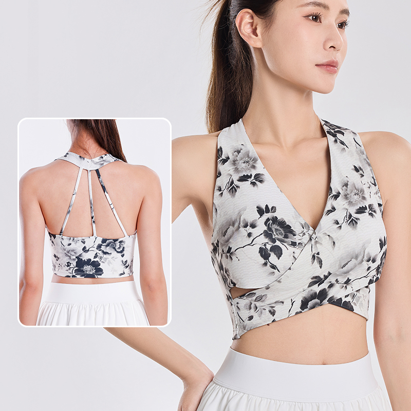 固定一体杯运动内衣女瑜伽服V领美背背心上衣外穿健身文胸