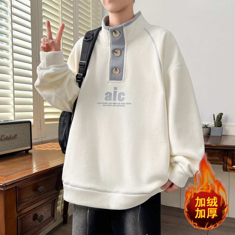 冬季半高领奥粒绒男士卫衣学院风青少年百搭加绒加厚保暖学生打底
