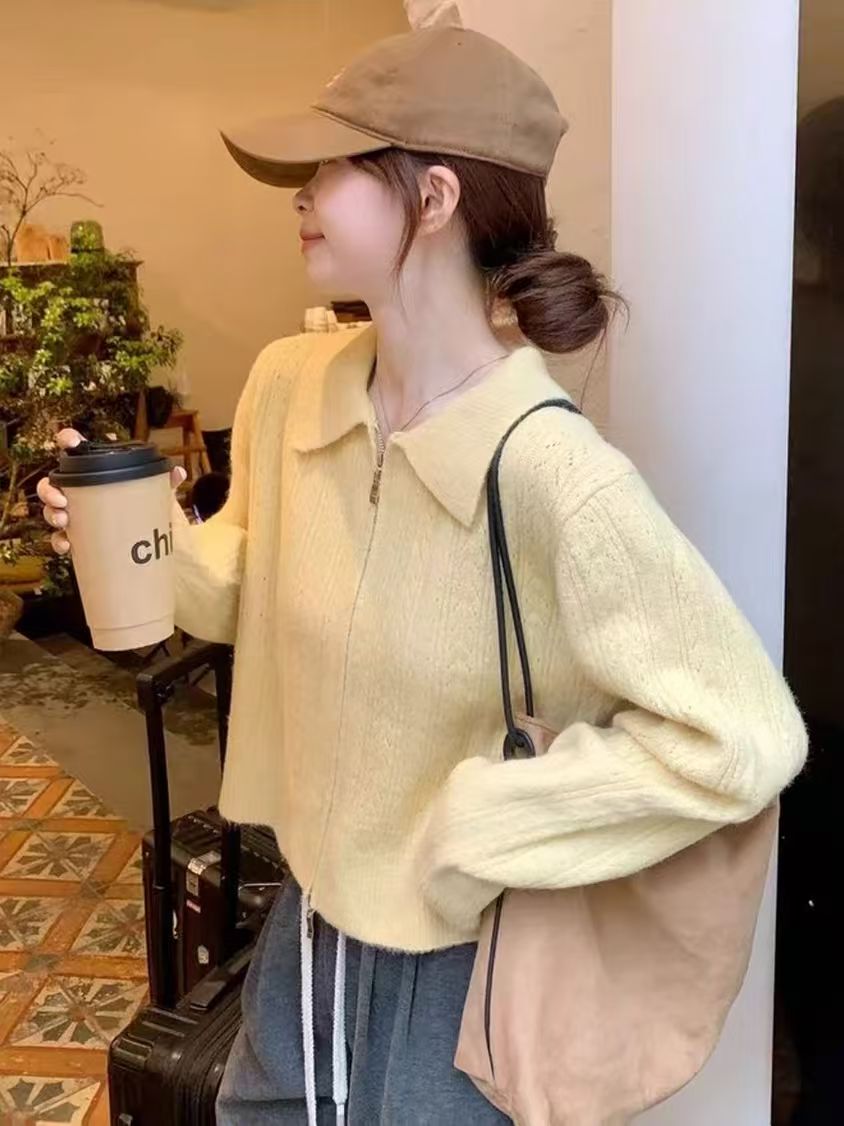 黄色拉链POLO领针织开衫女早秋新款小个子毛衣短款外套温柔风上衣