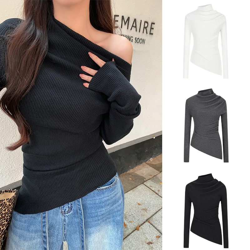 Moses Queen/魔西女王秋冬新款慵懒御姐风针织斜肩上衣毛衣百搭