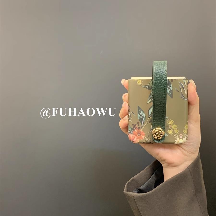 适用华为P50 Pocket 2手机壳折叠屏肤感绿叶红花墨绿腕带保护套