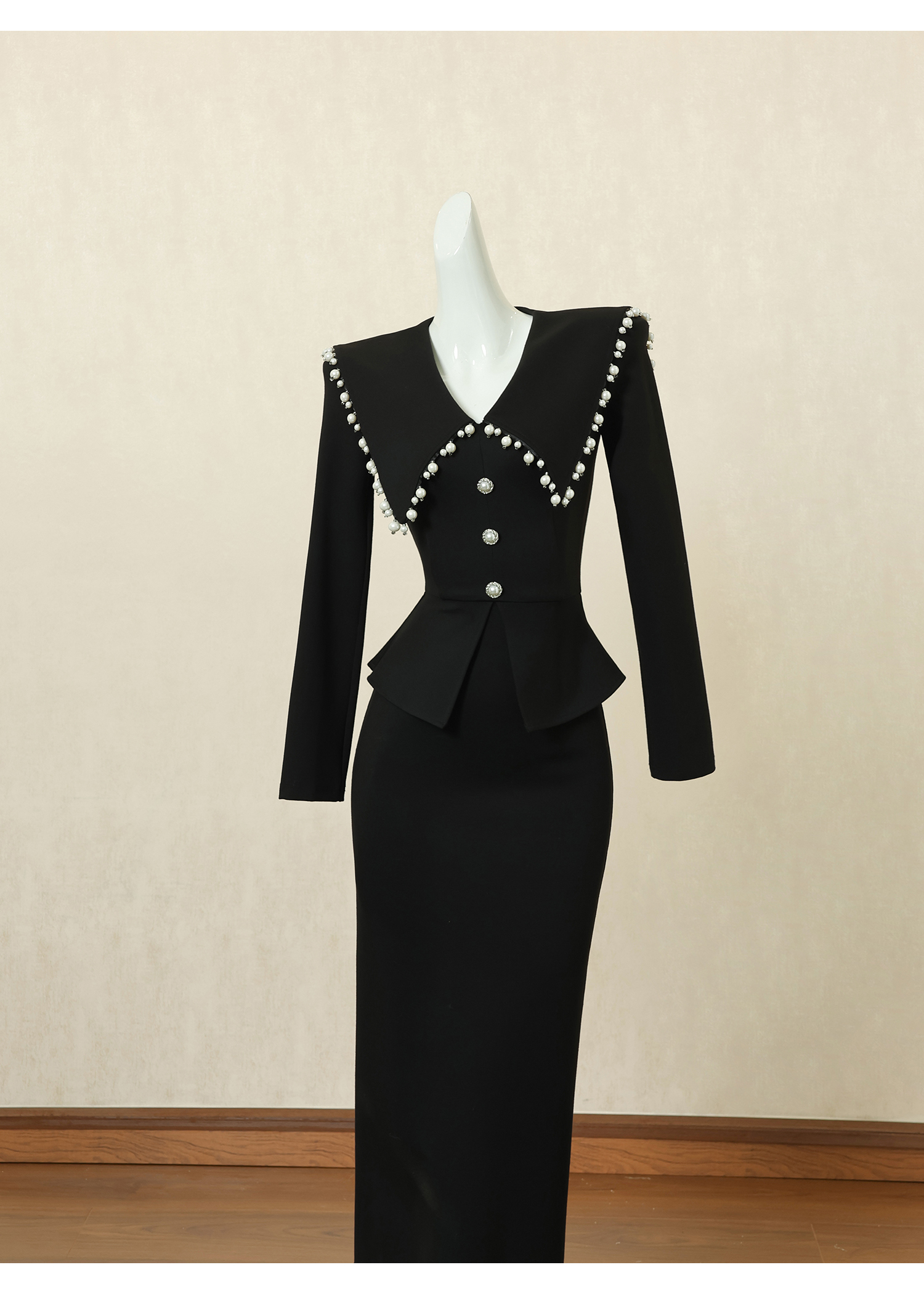 黑色复古拼接假两件连衣裙女秋季长裙重工钉珠设计高端裙子3462#