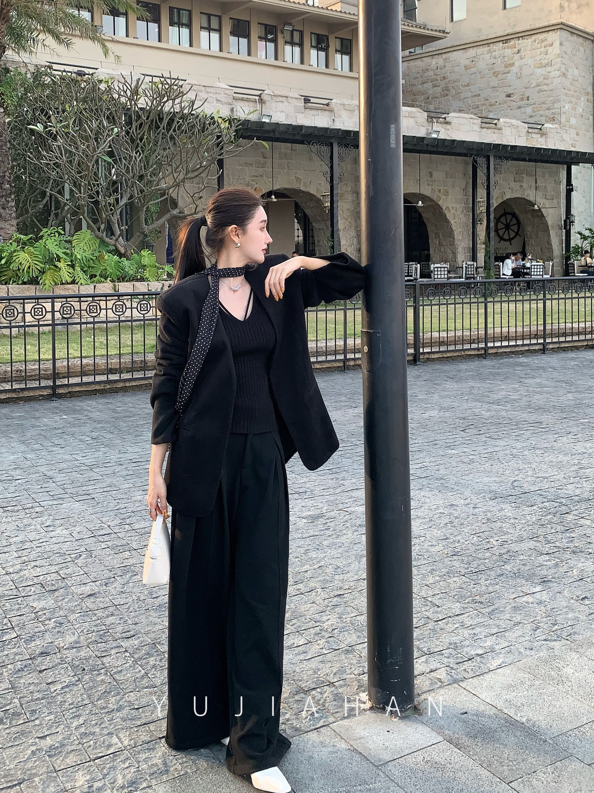 YUJIAHAN「高智感」黑色毛呢无领西装女秋冬通勤休闲气质外套