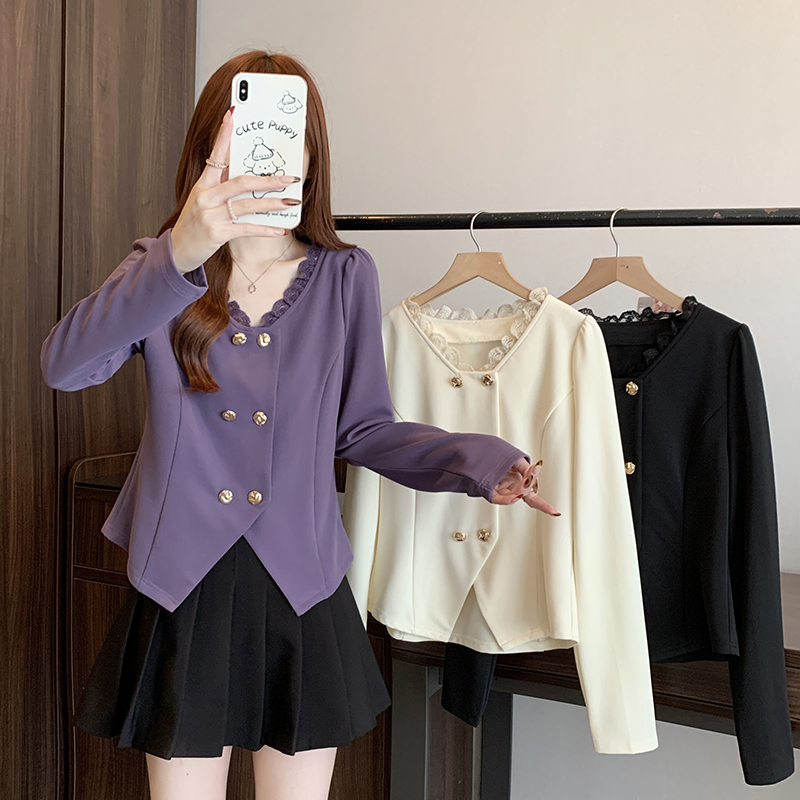 2025秋装新款胖mm大码女装优雅复古蕾丝花边长袖上衣衬衣21052