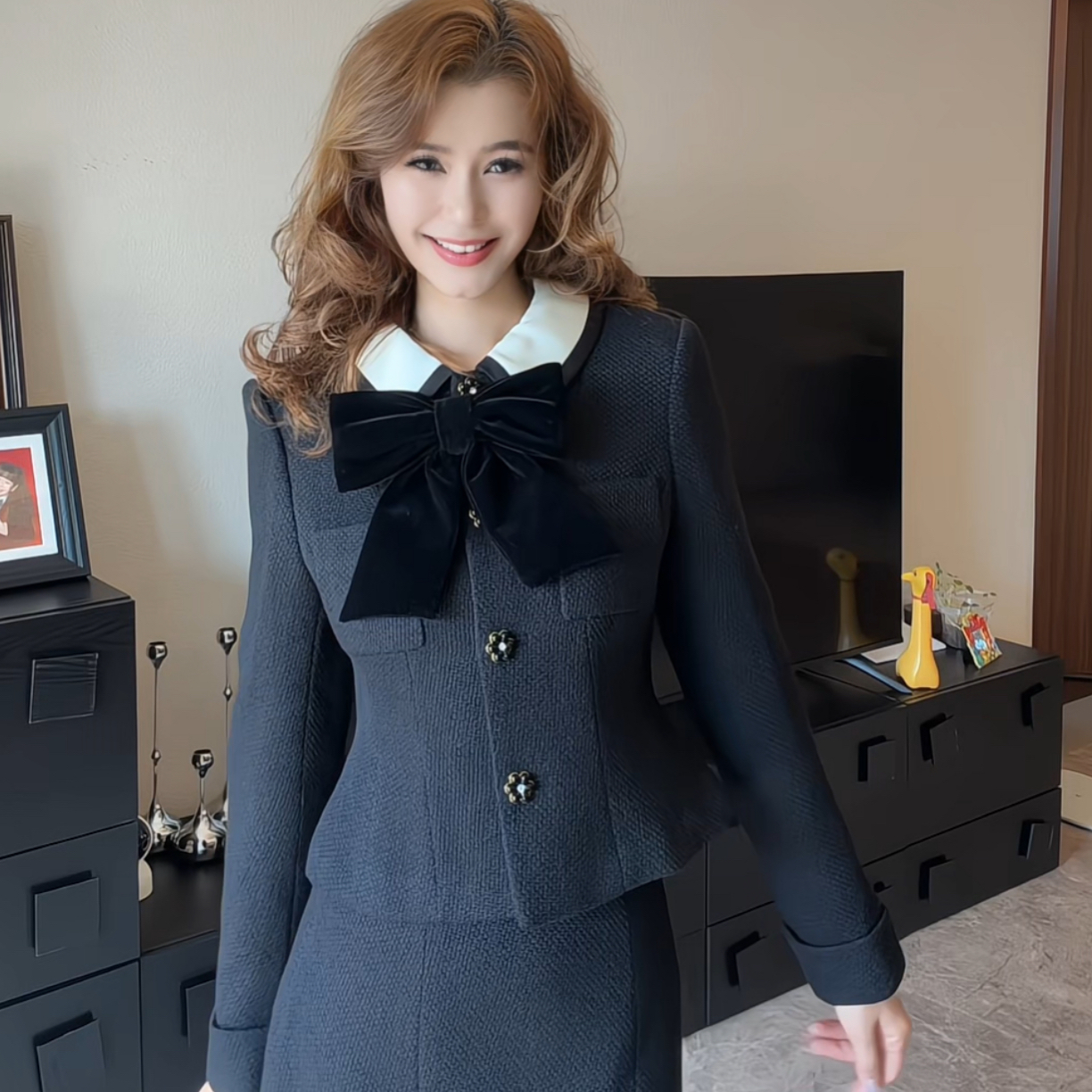 NarePason蝴蝶结重工小香风减龄优雅两件套套装（达）