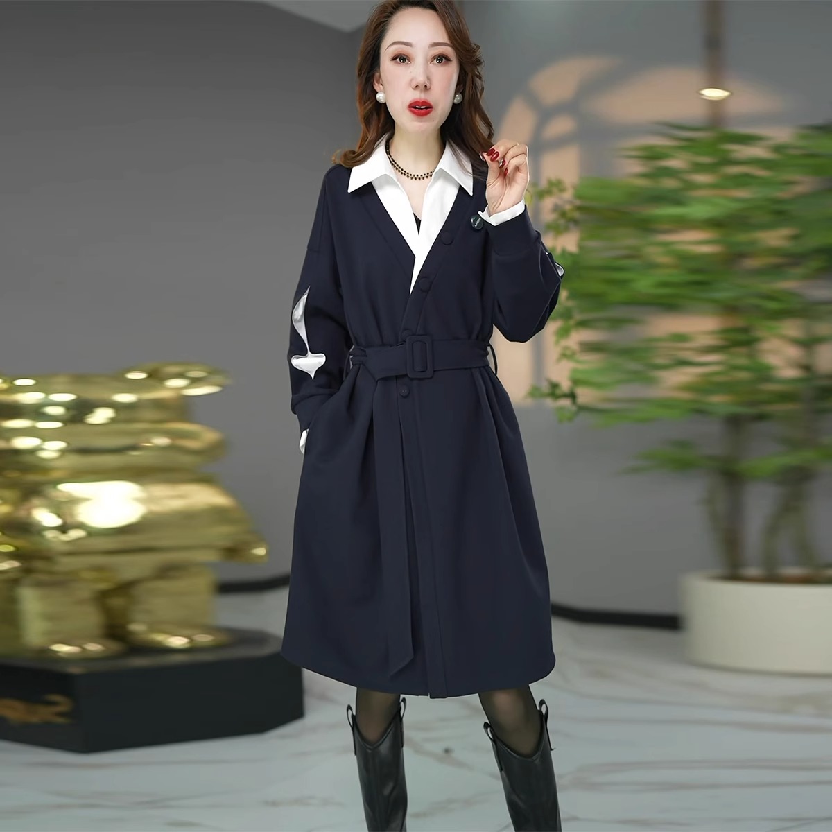 时尚连衣裙女2025春秋新款洋气减龄气质显瘦中长款假两件拼接裙子