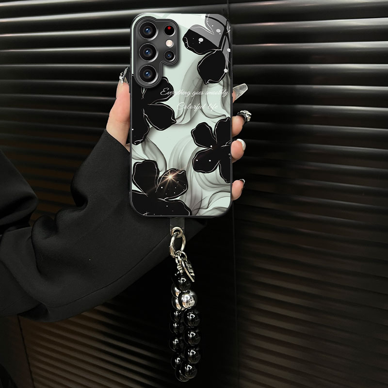 适用【三星s22ultra】钛灰电镀玻璃壳水墨花ins风网红创意手机壳女